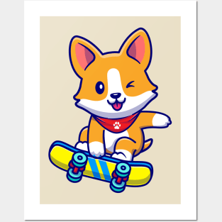 Cute Corgi Dog Playing Skateboard Cartoon Posters and Art